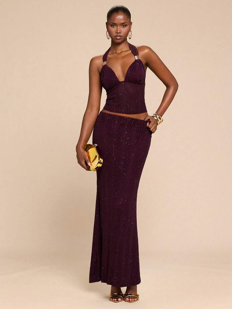 SHEIN BAE Women's Purple Metallic Buckle Decor Halter Neck Tie Top & Mid-Low Waist Fishtail Skirt... | SHEIN