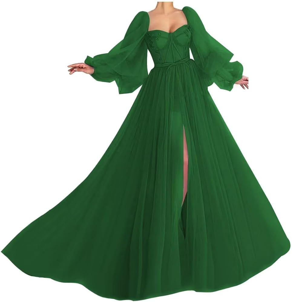 Puffy Sleeve Prom Dress Sweetheart Tulle Ball Gown Slit Formal Evening Gowns Princess Wedding Dre... | Amazon (US)
