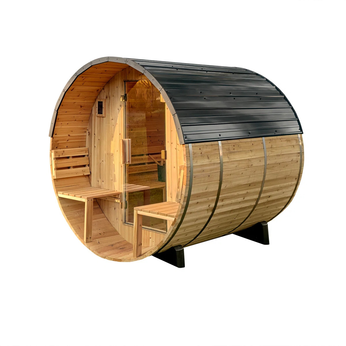 Backyard Discovery Paxton 2-4 Person Traditional Cedar Outdoor Barrel Sauna with Porch, 9kW Elect... | Wayfair North America
