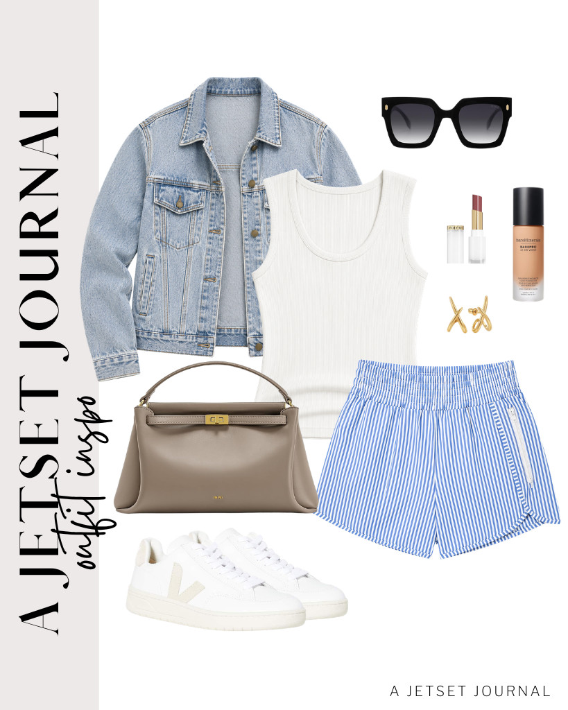 The first outfit to style is this combination of a wide-strap ribbed cropped tank top, AUTOMET denim jacket, and blue BMJL athletic shorts. This fit is perfect with a JW PEI top-handle bag and Veja sneakers.

#LTKSeasonal #LTKSaleAlert #LTKTravel
 

 