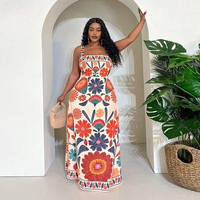 Plus Size Women's Sleeveless Gathered Waist A-Line Floral Print Vacation Casual Dress, Spring/Summer | SHEIN