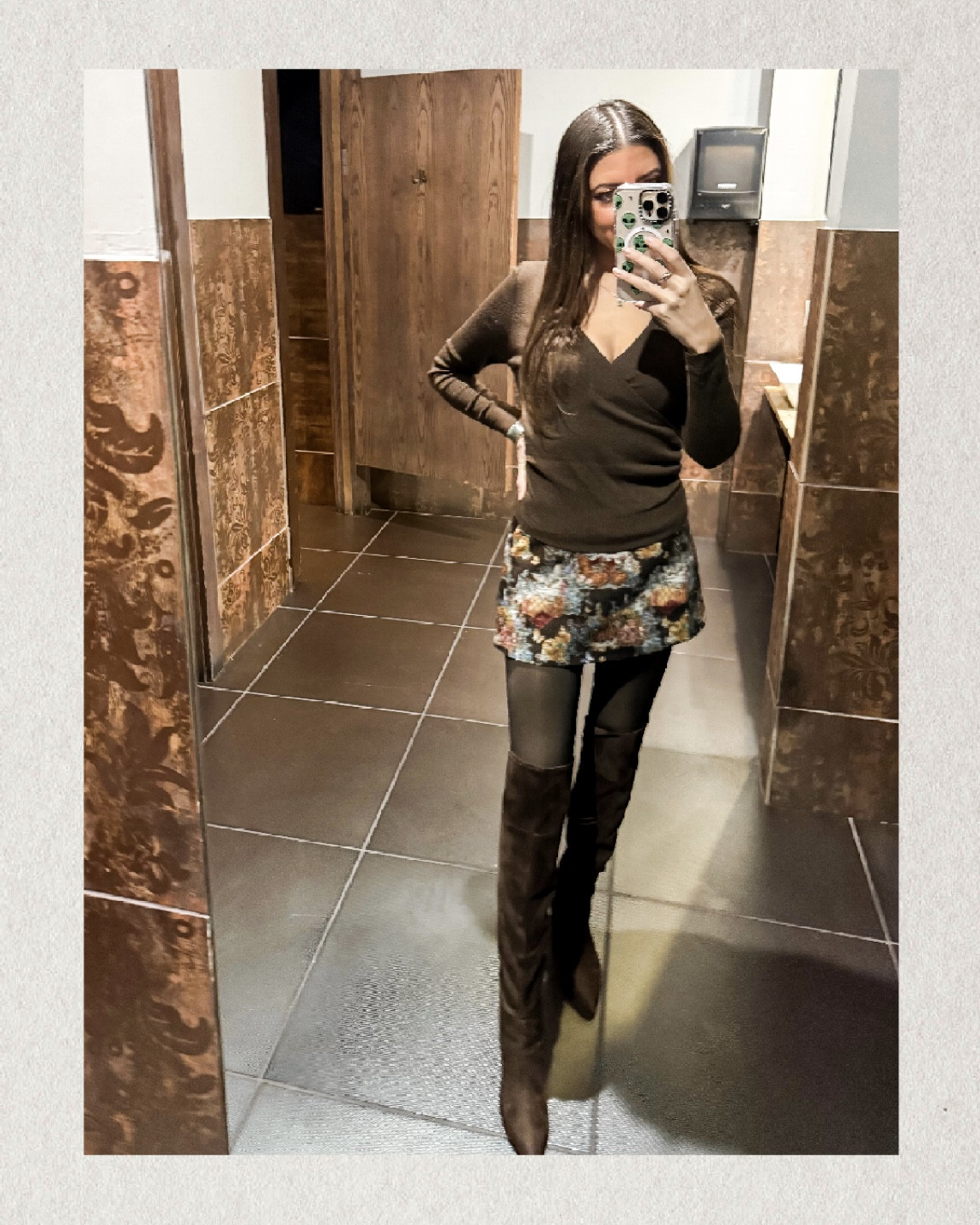 Channeling cozy-chic vibes with these chocolate brown suede OTK boots and a skirt that’s secretly purr-fect 🐾 (yes, there are kitties in the print if you look closely!). 

Paired with a sleek brown top and classic black tights to keep it polished and winter-ready. 

Who says neutrals can’t make a statement? ✨ #datenight #valentines #LTKfashion