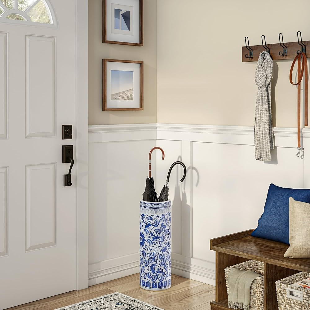 Oriental Furniture 24" Floral Blue & White Porcelain Umbrella Stand | Amazon (US)