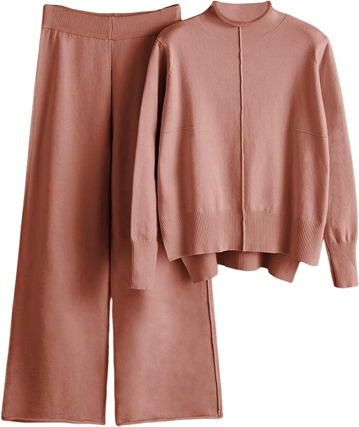 Women's 2 Piece Outfits Sweatsuit Mock Neck Pullover Top Wide Leg Pants Tracksuit Lounge Sets | Amazon (US)