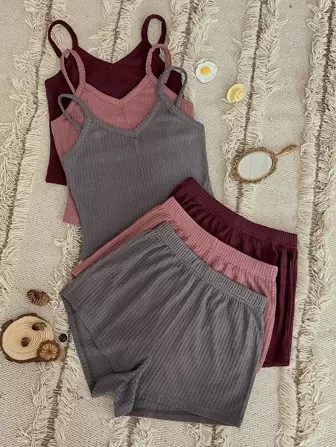 3sets Solid Cami Top & Shorts Lounge Set | SHEIN