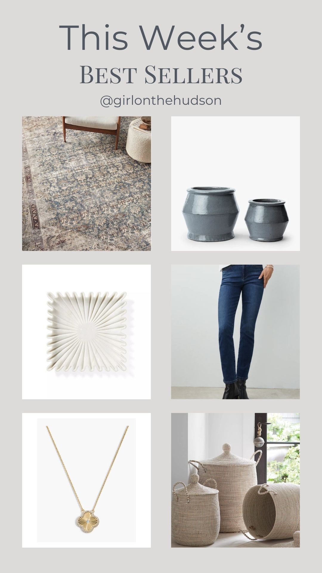 This week’s best-sellers!

Amazing AYR jeans on sale, our kitchen runner, the prettiest planters, the marble Serena & Lily ruffle dish in a new shape(!), my electric picks necklace and La Jolla baskets on sale! 

#LTKootd #LTKSaleAlert #LTKHome