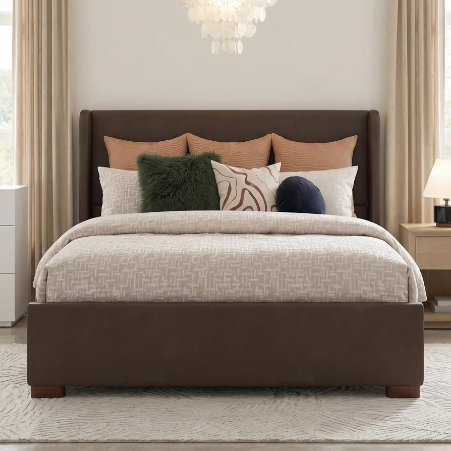 Queen Size Upholstered Platform Bed Frame with Wingback Headboard | Amazon (US)