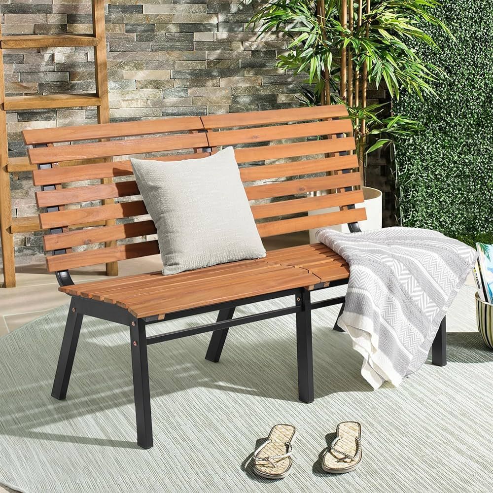 Soleil Jardin Outdoor Acacia Wood Garden Bench with Steel Legs, Patio Porch Chair Furniture, Slat... | Amazon (US)