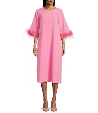 Emmeline Round Neckline Long Feather Sleeve Stretch Crepe Midi Dress | Dillard's