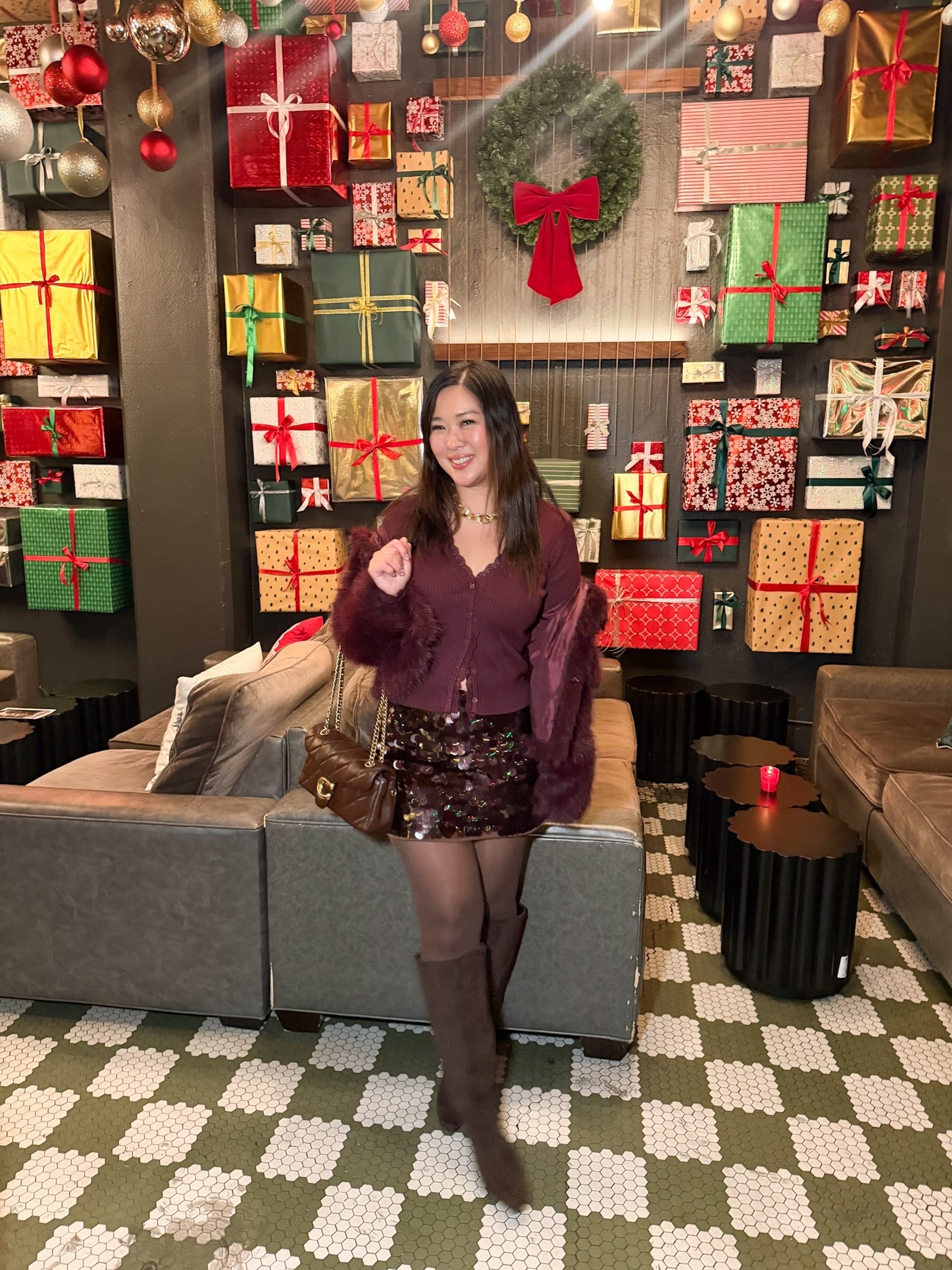 Girls Night Out Holiday Outfit 
Top: Medium
Skort: Medium
Faux Fur Coat: Large
Super durable sheer tights: Medium 