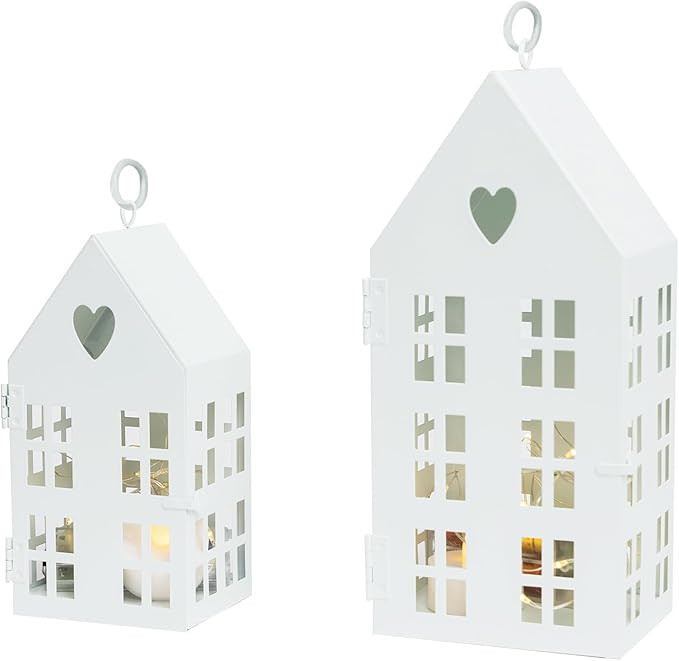 HPC Decor 2PCS Christmas White Houses Village w/Timer String & LED Tealight- 9in & 7in Metal Mode... | Amazon (US)