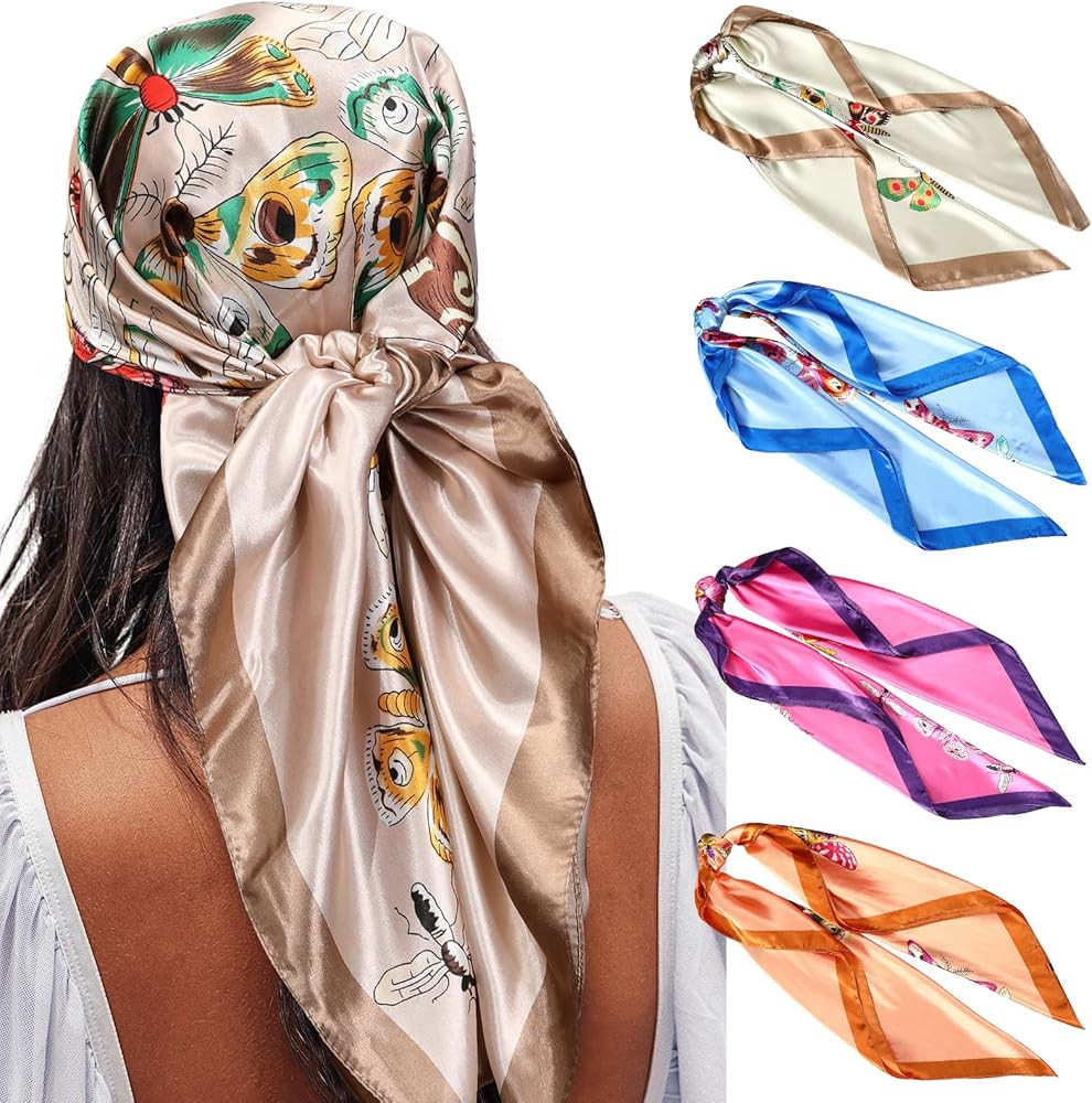 AWAYTR 35” Satin Large Square Head Scarves - 4PCS Silk Like Neck Scarf Hair Sleeping Wraps Sati... | Amazon (US)