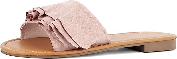 MaxMuxun Women Shoes Suede Ruffle Flat Sandals Comfort Slip On Slides | Amazon (US)