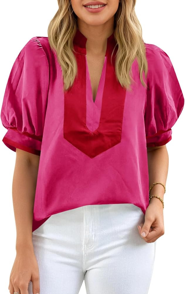 Cicy Bell Womens Color Block Puff Sleeve Blouses Summer Casual Dressy V Neck Tops Loose Fit Tee S... | Amazon (US)