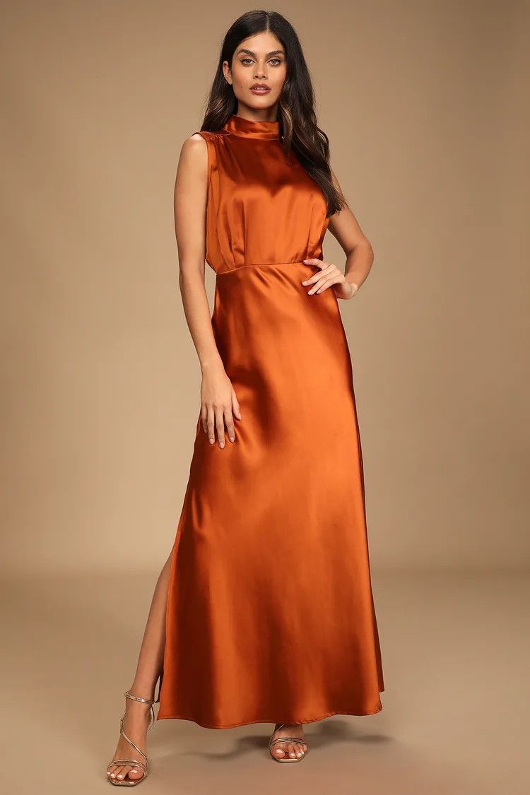 Classic Elegance Copper Satin Sleeveless Mock Neck Maxi Dress | Fall Wedding Midsize  | Lulus (US)