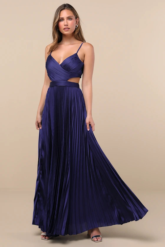 Got the Glam Navy Blue Pleated Cutout Maxi Dress | Lulus