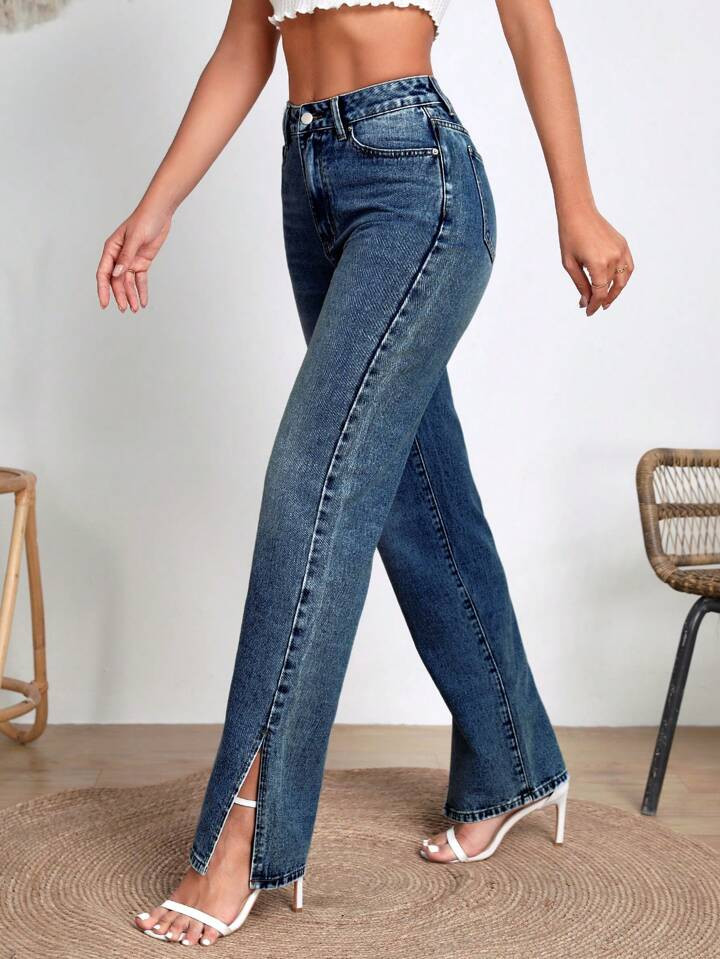 SHEIN Frenchy Women Pocket Straight Leg Split Leg Casual Loose Denim Trousers | SHEIN