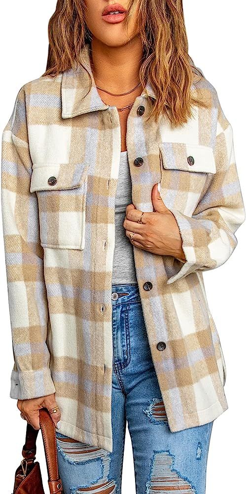 Sidefeel Womens Plaid Wool Blend Shacket Jackets Long Sleeve Button Down Oversized Coat | Amazon (US)