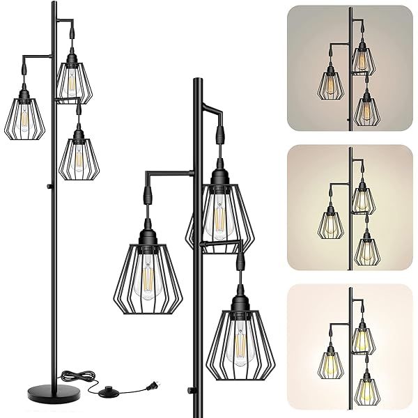 Industrial Floor Lamp for Living Room, Tree Floor Lamp with 3 Elegant Teardrop Cage Head& ST58 Ediso | Amazon (US)