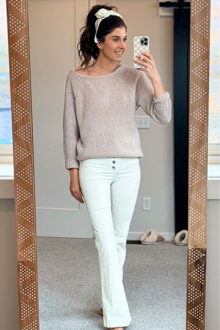This beige sweater and white pants are a perfect outfit for an everyday look!  #fashionfinds #neutralstyle #casuallook #springoutfit

#LTKstyletip #LTKfindsunder50 #LTKSeasonal