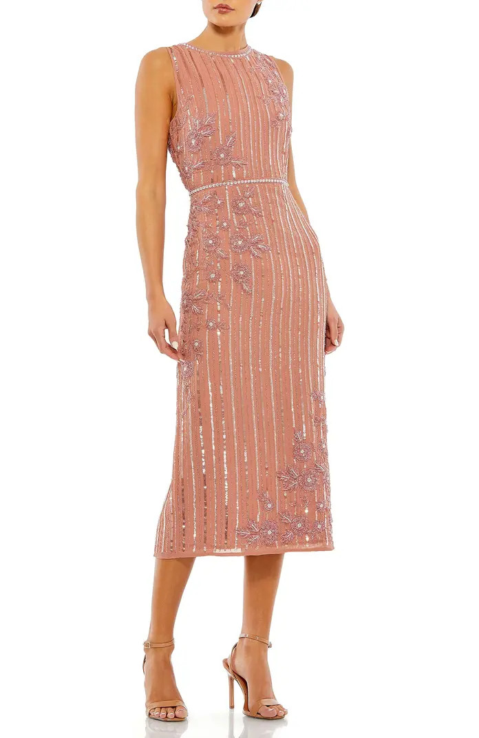 Striped Floral Embellished Sleeveless Midi Dress | Nordstrom