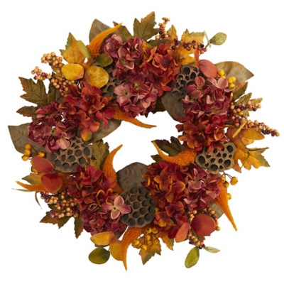 Harvest 24" Hydrangea, Lotus and Berries Artificial Wreath | Ashley Homestore