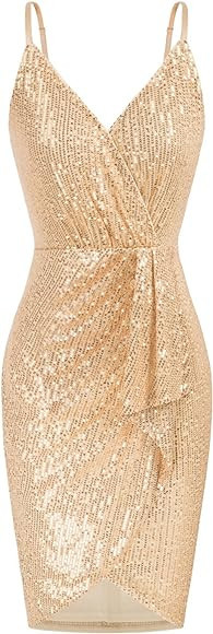 GRACE KARIN Women's Sexy Sequin Dress Wrap V-Neck Ruched Bodycon Spaghetti Straps Cocktail Party ... | Amazon (US)