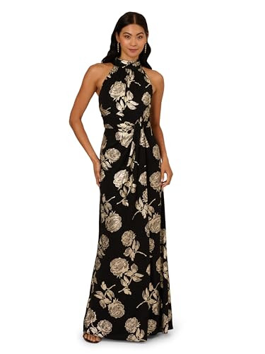 Adrianna Papell Women's Halter Metallic Floral Gown, Black/Gold, 6 | Amazon (US)