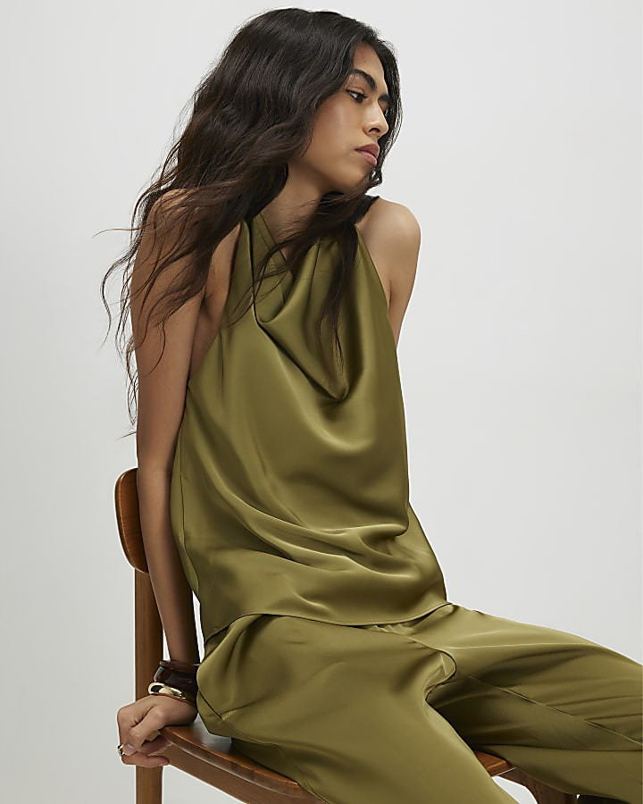 Khaki Satin Halter Neck Top | River Island UK & IE