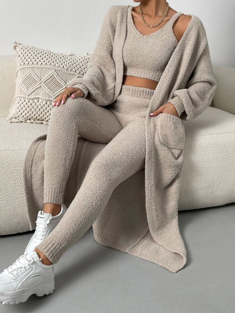 Double Pocket Drop Shoulder Duster Cardigan & Cami Knit Top & Knit Pants | SHEIN