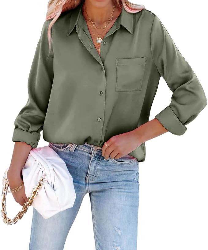 Satin Button Down Shirts for Women Long Sleeve Slim Fit Office Blouses Casual Business Silk Tops ... | Amazon (US)