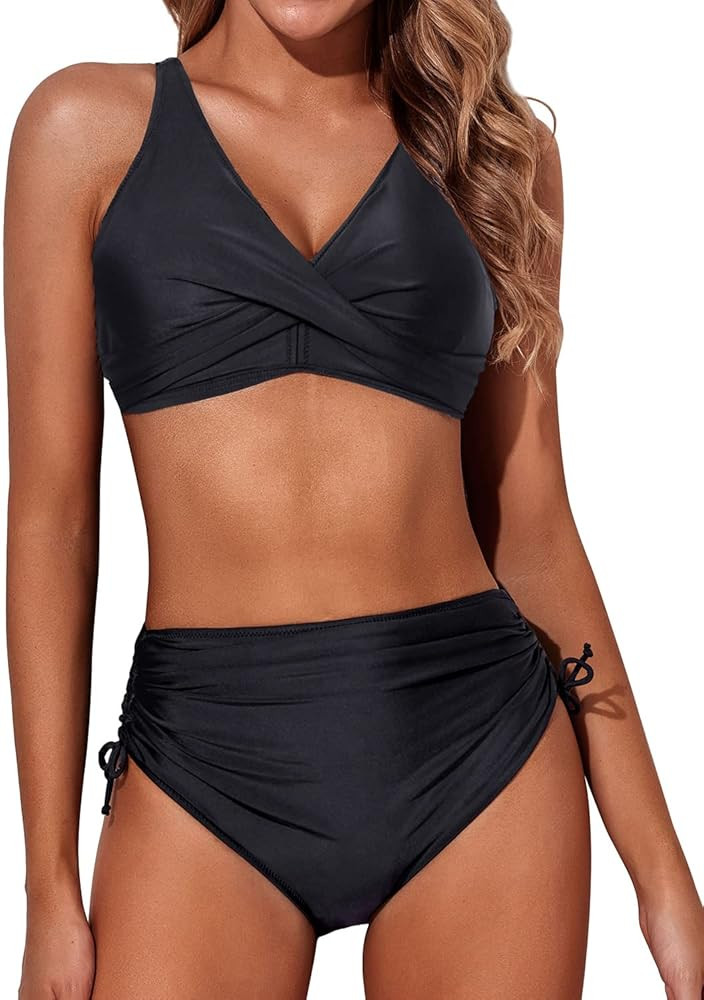 Aqua Eve Women High Waisted Bikini Twist Front Swimsuits Lace up Bikini Tops Ruched Push up 2 Pie... | Amazon (US)
