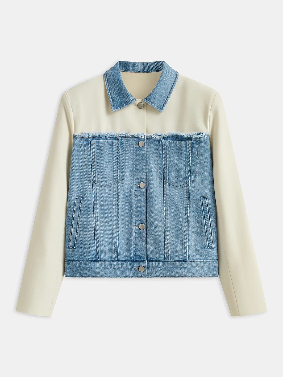 Distressed Detail Denim Paneled Jacket | Commense