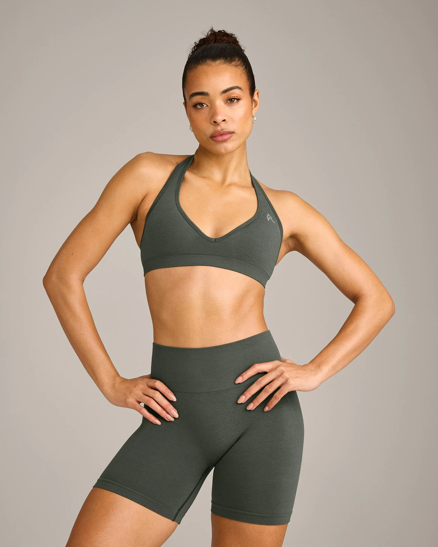 EffortlessLift™ Seamless Halter Neck Sports Bra with Gray Logo 
 Dark Khaki | Oner Active (UK / US)