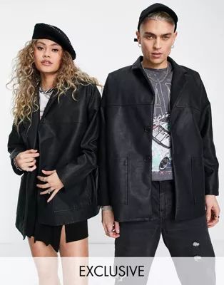 Reclaimed Vintage inspired unisex faux leather dad jacket in black | ASOS (Global)