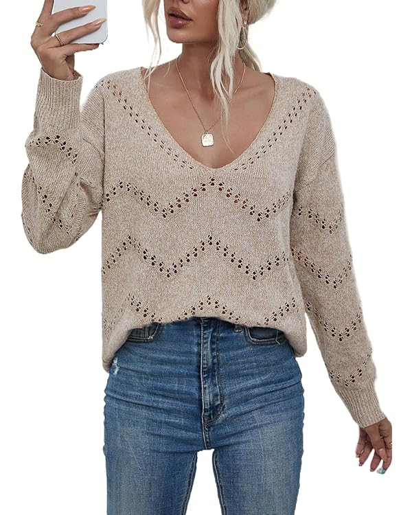 EVALESS Women's Crochet Sweater Top Hollow Out Long Sleeve Pullover Tops Fall Outfits Fashion 202... | Amazon (US)