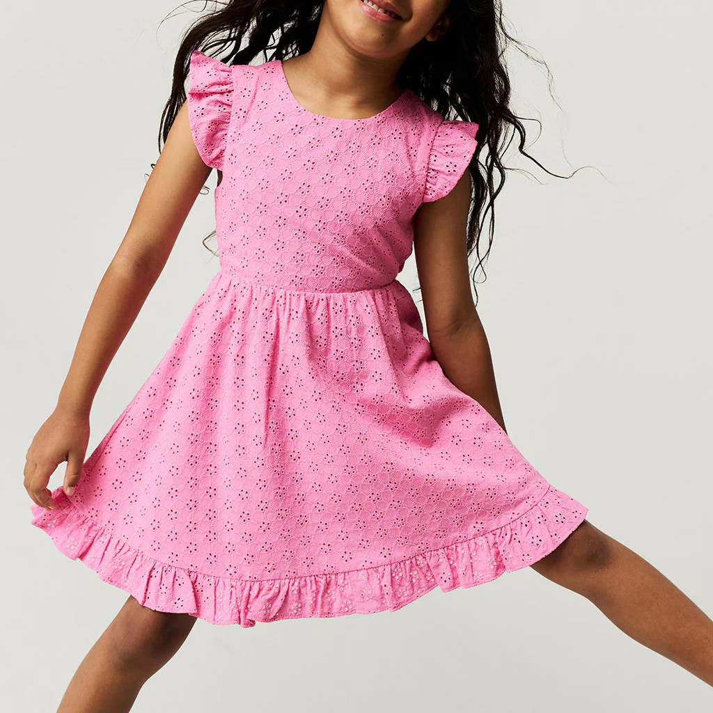 Solid Pink Flutter Sleeve Aurora Pink Eyelet Tie Back Ruffled Twirl Dress | Posh Peanut® | Posh Peanut