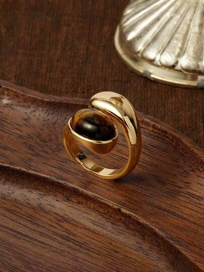 Glisma 1 Pc Tiger Eye Natural Stone Decor Metal Chunky Ring For Women | SHEIN