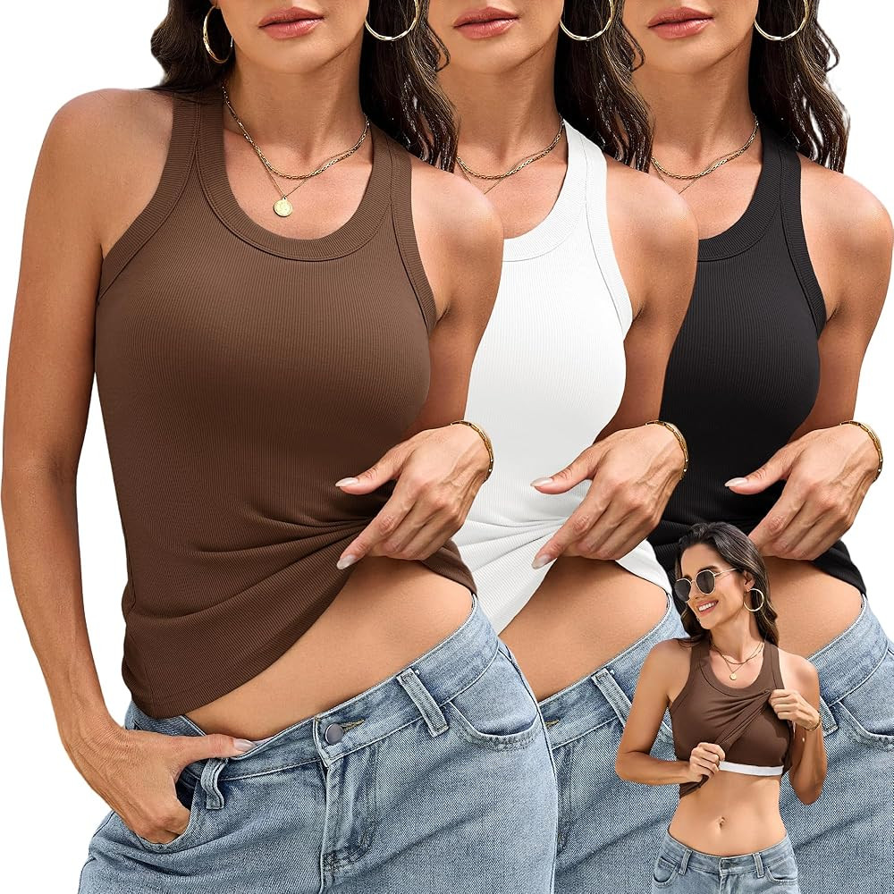 BVNSOZ 3 Pack Womens Tank Tops with Built in Bra Ribbed Racerback Tops | Amazon (US)