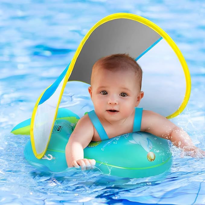 No Flip Over Baby Pool Float with Canopy UPF50+ Sun Protection, Inflatable Baby Float with Sponge... | Amazon (US)
