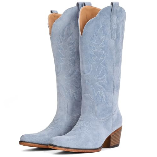 IUV Suede Cowboy Boots for Women Mid Calf Cowgirl Boots with Embroidered, Retro Snip Toe Chunky Heel Western Boot for Country Concert Music Festival Cowboy Chic | Amazon (US)