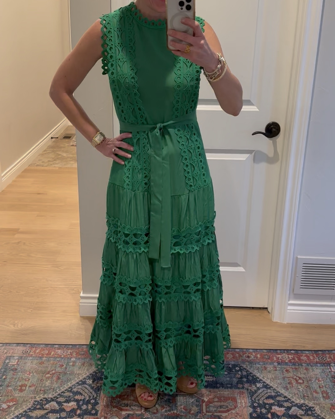 This is such a pretty green dress. It is pretty long. I am 5’4 and it touches the ground unless I’m wearing heels. However, I love a long dress. The sash can be worn in a knot or a bow and is very flattering. The dress zips up the back. I am typically in between an extra small and a small and I got the extra small. It fits perfectly. You won’t believe the price!  Perfect for Easter, Mother’s Day or a tea. Love this dress!

#LTKParties #LTKSeasonal #LTKWatchNow