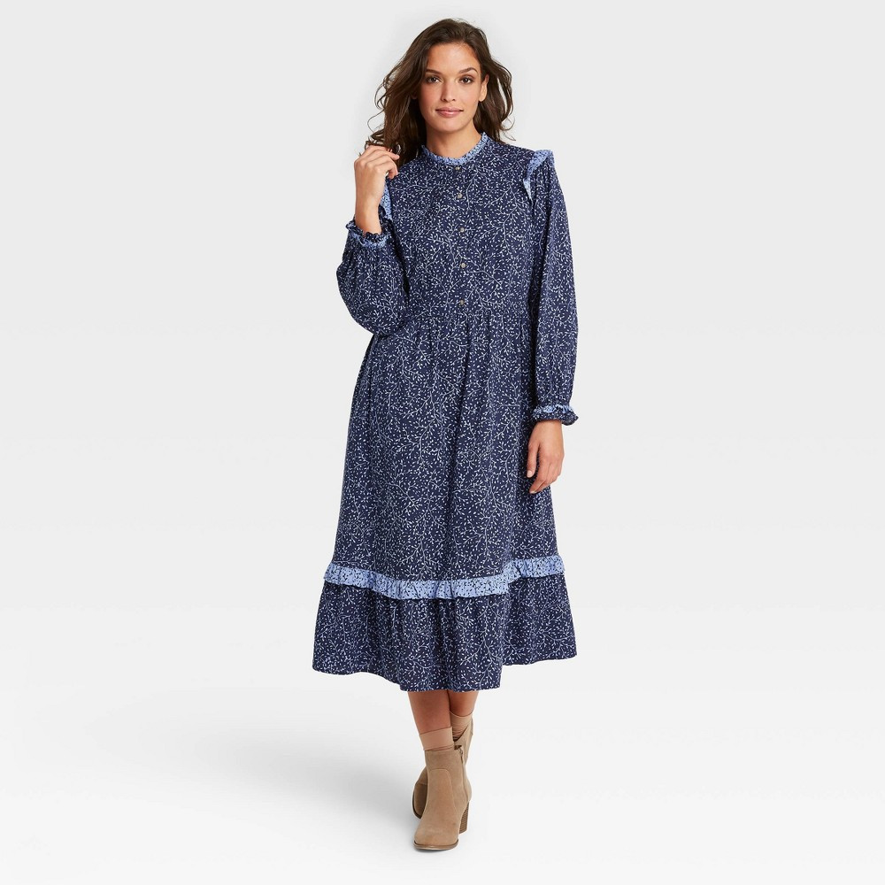 Women's Leaf Print Balloon Long Sleeve Ruffle Dress - Universal Thread Navy M, Blue | Target