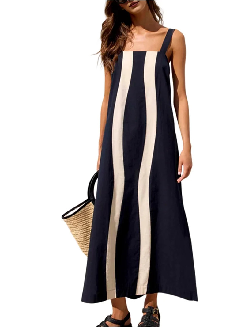 Women'S Color Block Maxi Dress Sleeveless Striped Flowy Square Neck Backless Summer Dress Black L | Walmart (US)