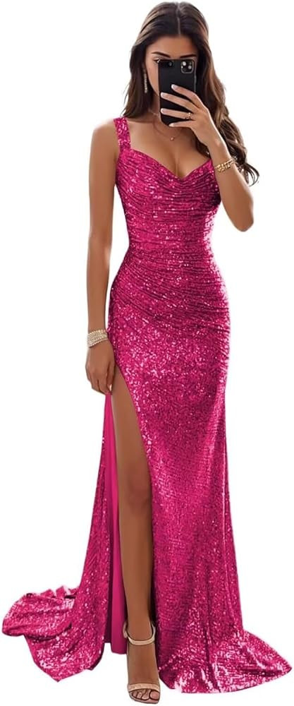 Amazon.com: ZPVP Fuchsia Prom Dresses for Women Long Sparkly Party Dress Sequin Ball Gown with Slit 2026 Size 8 : Clothing, Shoes & Jewelry | Amazon (US)