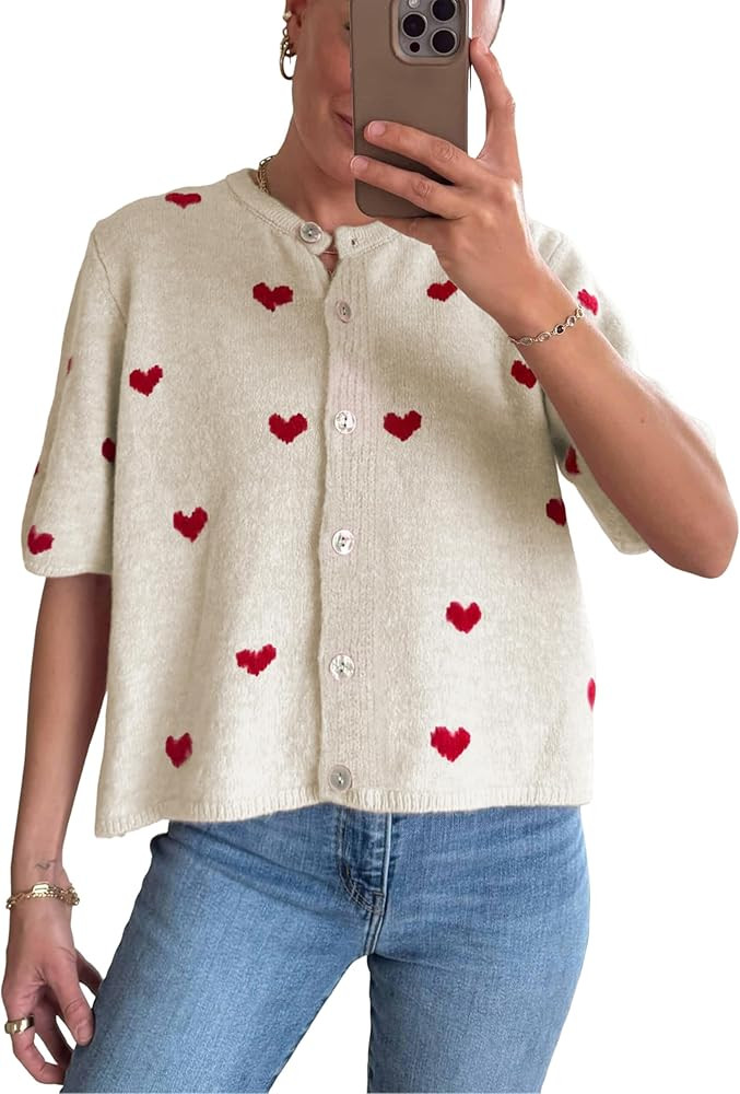 Muineobuka Valentines Sweater Women Cute Heart Button Down Lightweight Cropped Short Sleeve Knit ... | Amazon (US)