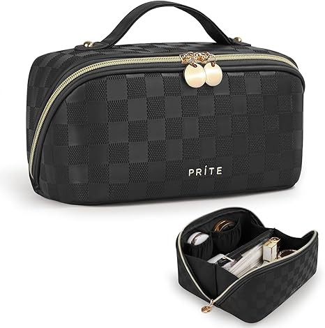 Prite Makeup Bag for Women Travel Waterproof Vegan Leather Cosmetic Bag Open Flat Toiletry Bag Wi... | Amazon (US)