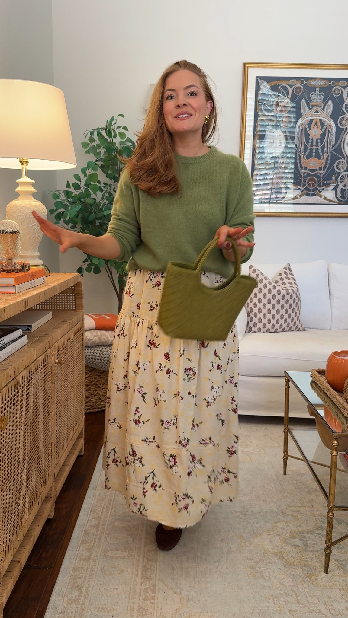 Wearing medium in sweater and small in skirt!

Fall outfits for moms: a cozy green cashmere sweater styled with an elastic waist floral midi skirt. This cashmere sweater outfit is my idea of the perfect comfortable fall look — soft knit sweater, flowy midi skirt, and an elastic waistband that makes getting dressed easy. A mom friendly fall outfit that looks put together but feels effortless. Shop every piece of this fall skirt outfit below!