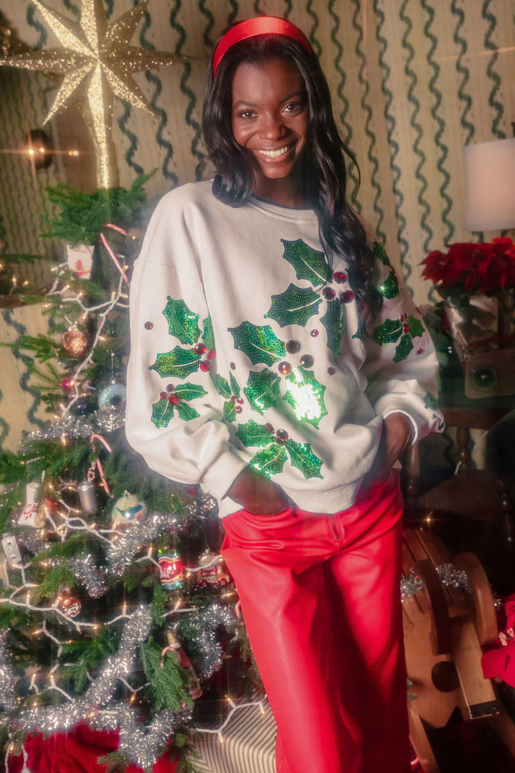 White Diagonal Holly Sweatshirt | Queen of Sparkles