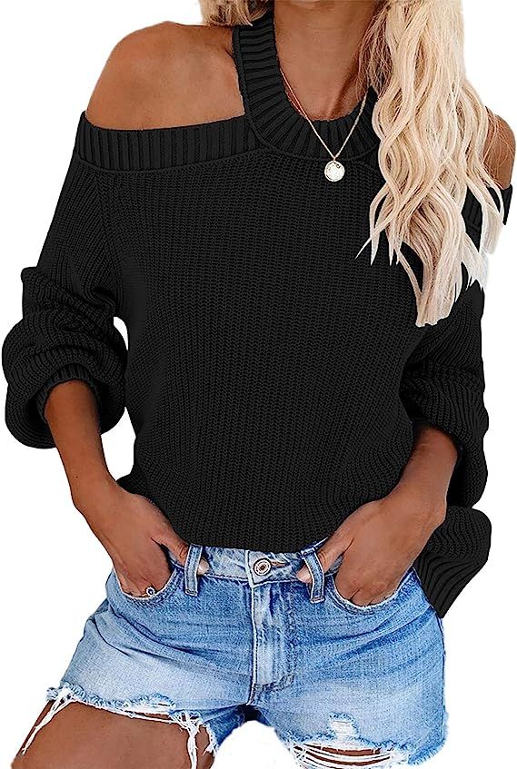 MissyLife Women Casual Loose Off Shoulder Knit Sweater Solid Halter Neck Blouse Tops Lantern Slee... | Amazon (US)